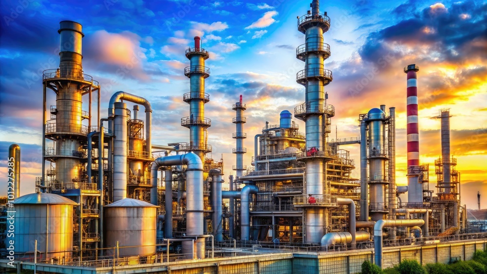 Fototapeta premium Industrial Oil Refinery Complex with Towers, Pipes, and Storage Tanks under Blue Sky in Daylight