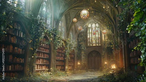 Wallpaper Mural Enchanting Medieval Library with Lush Greenery and Stained Glass Torontodigital.ca