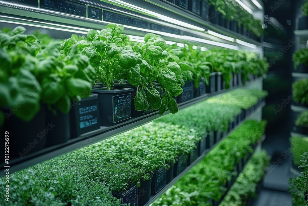 A vertical hydroponic farm with rows of fresh green plants growing under LED lights. A vertical hydroponic farm with rows of fresh green plants growing under LED lights.