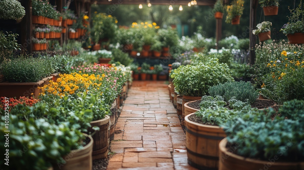 A brick pathway lined with rows of potted plants in a greenhouse. A brick pathway lined with rows of potted plants in a greenhouse.