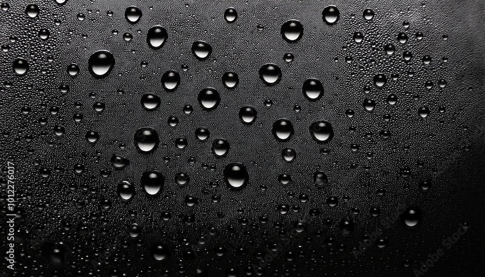 Water drops on a black background create a glass-like texture, showcasing droplets on a surface wet with dew, enhancing the sense of freshness and clarity Water drops on a black background create a glass-like texture, showcasing droplets on a surface wet with dew, enhancing the sense of freshness and clarity