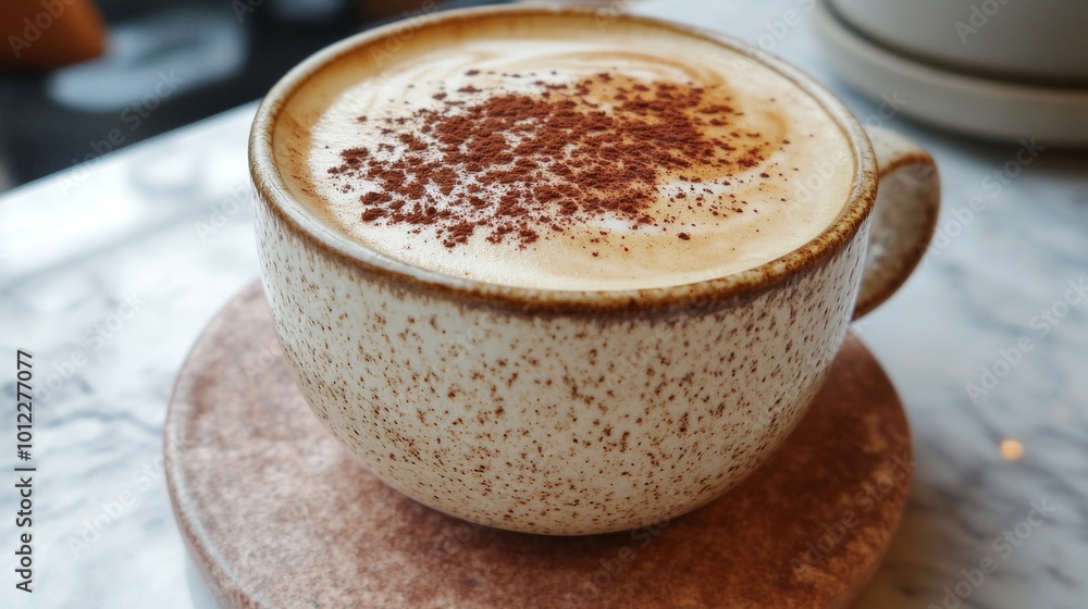 Cappuccino with frothy milk and cocoa dusting on top, served in a ceramic cup generative ai Cappuccino with frothy milk and cocoa dusting on top, served in a ceramic cup generative ai