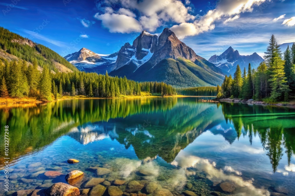 Inspirational Nature Scene with Majestic Mountains and Serene Lake Under a Clear Blue Sky Inspirational Nature Scene with Majestic Mountains and Serene Lake Under a Clear Blue Sky