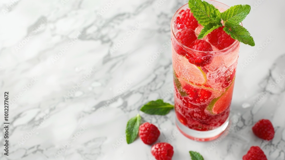 Refreshing Raspberry Lime Sparkling Mocktail with Mint Garnish on Marble Background Refreshing Raspberry Lime Sparkling Mocktail with Mint Garnish on Marble Background