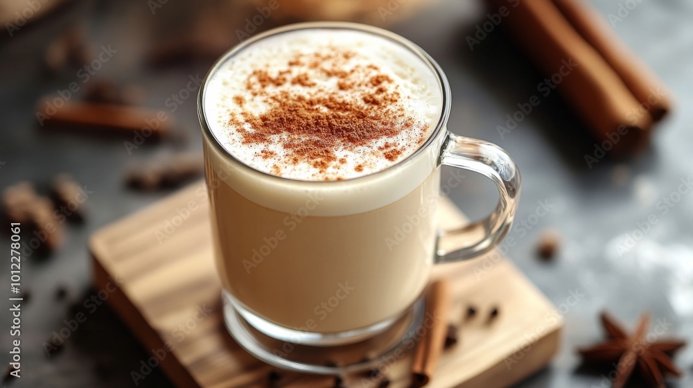 Chai latte with foamed milk and a pinch of cinnamon, cozy cafe atmosphere generative ai Chai latte with foamed milk and a pinch of cinnamon, cozy cafe atmosphere generative ai