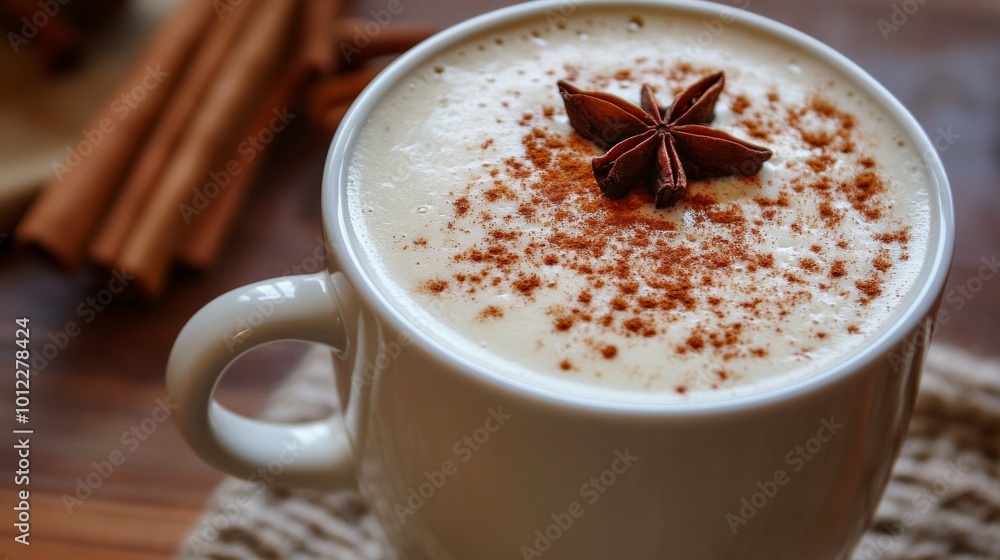 Chai latte with foamed milk and a pinch of cinnamon, cozy cafe atmosphere generative ai