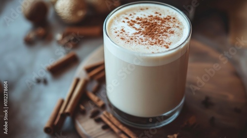 Chai latte with foamed milk and a pinch of cinnamon, cozy cafe atmosphere generative ai