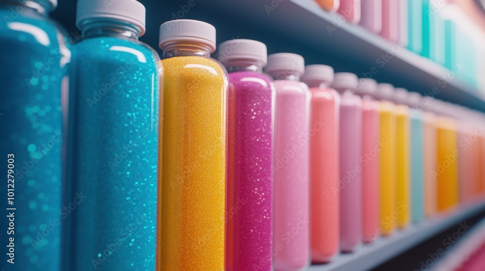 A row of bottles filled with colorful liquids on a shelf, AI A row of bottles filled with colorful liquids on a shelf, AI