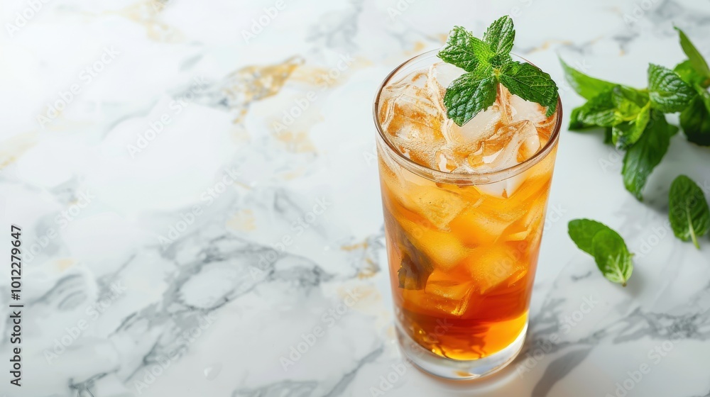 Refreshing Iced Tea with Fresh Mint on Marble Background Refreshing Iced Tea with Fresh Mint on Marble Background