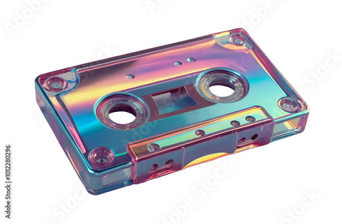 3D chrome element in Y2K style, isolated background, liquid holographic metal. Colorful rainbow cassette tape made of a shiny, reflective material.
