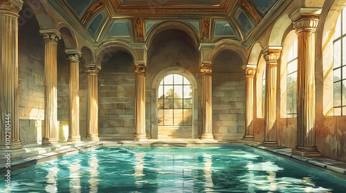 Ancient roman bathhouse interior: marble columns and pool. Roman Bathhouse. Illustration photo