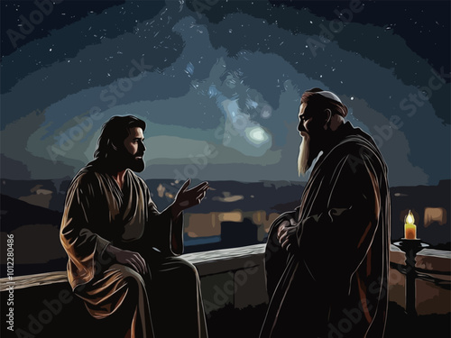 Gospel Images from the Bible NT - Jesus talks with Pharisee Nicodemus at night on roof saying need to be born again