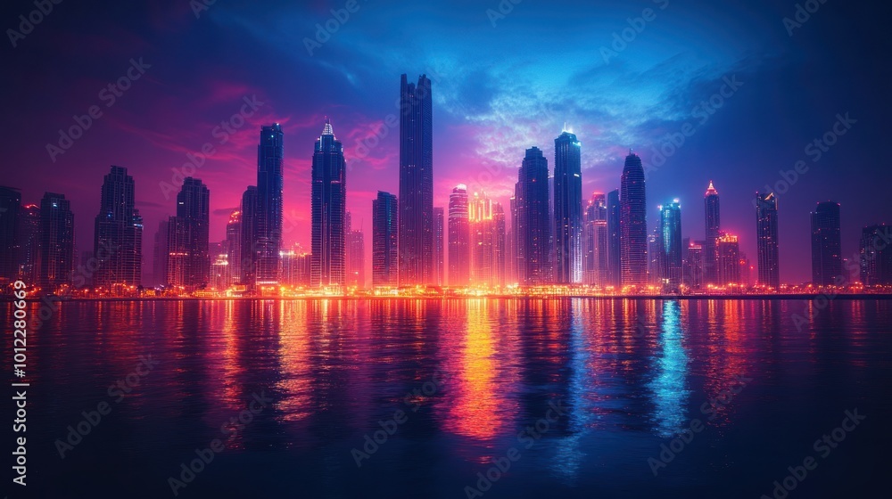 Fototapeta premium A vibrant city skyline at dusk with skyscrapers reflected in the water.