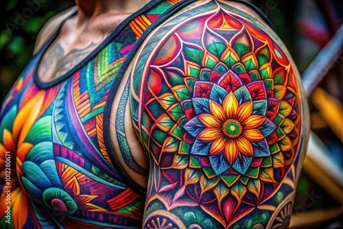 Intricate Abstract Tattoo Art Featuring Bold Lines and Geometric Shapes in Vibrant Colors and Patterns