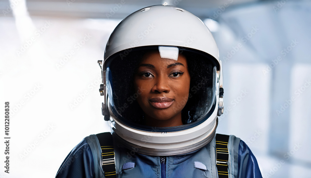 A young Black African American female astronaut wearing a spacesuit and space helmet, embodying courage and exploration in a futuristic space setting. A young Black African American female astronaut wearing a spacesuit and space helmet, embodying courage and exploration in a futuristic space setting.