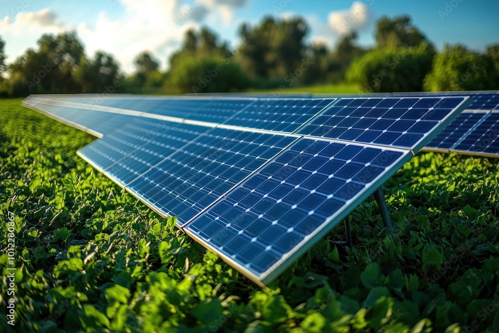 Solar panels in a field of green grass with a blue sky and clouds in the background. Solar panels in a field of green grass with a blue sky and clouds in the background.