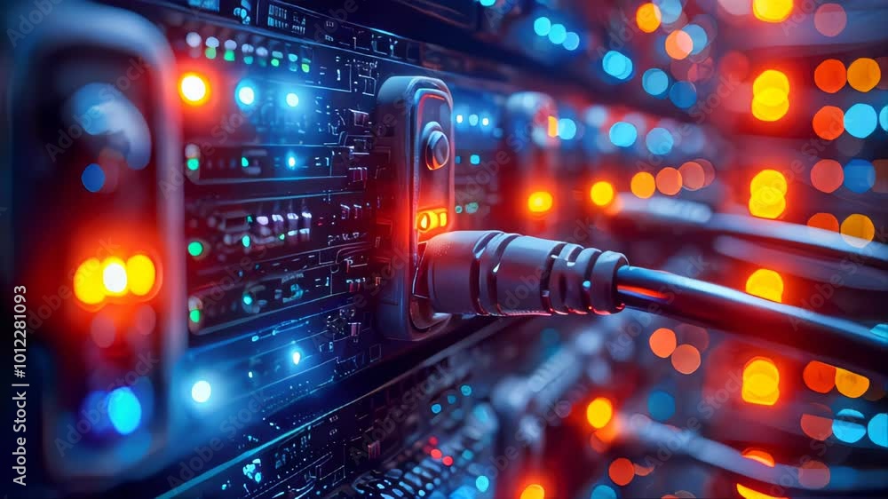 close up of network cables in data center with colorful lights close up of network cables in data center with colorful lights