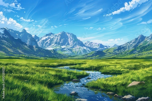 A long river runs through a grassy plain with mountains in the background. generative ai image