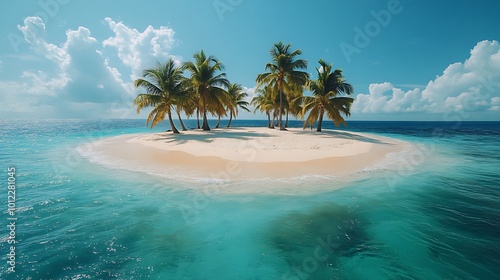 A small  tropical island with white sand and palm trees in the middle of a clear blue ocean with clouds in the sky.