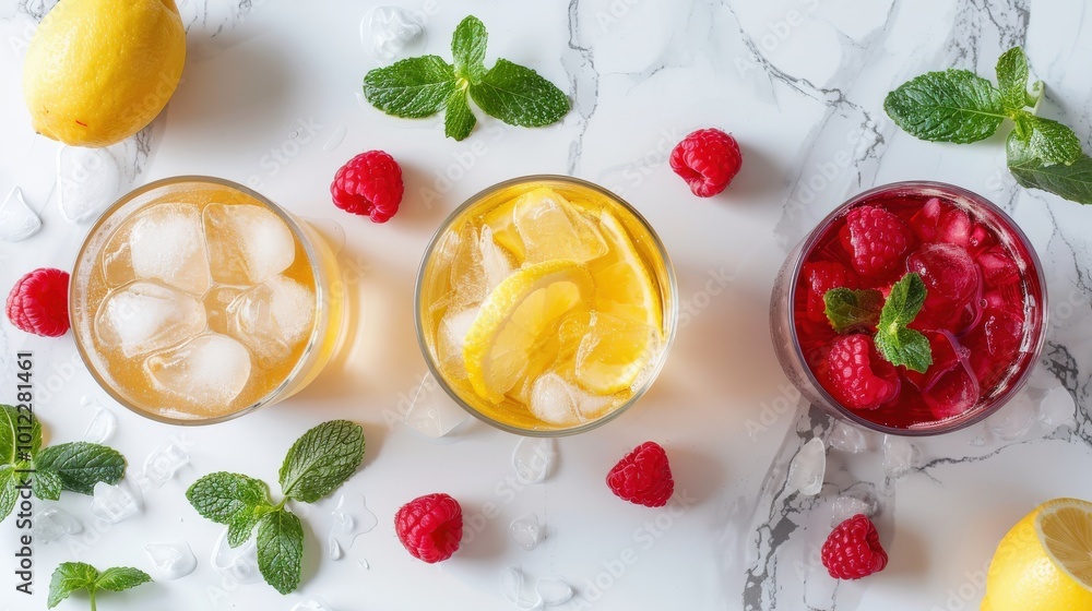 Refreshing Trio of Raspberry Mocktail, Lemonade, and Iced Tea with Mint on Marble Refreshing Trio of Raspberry Mocktail, Lemonade, and Iced Tea with Mint on Marble
