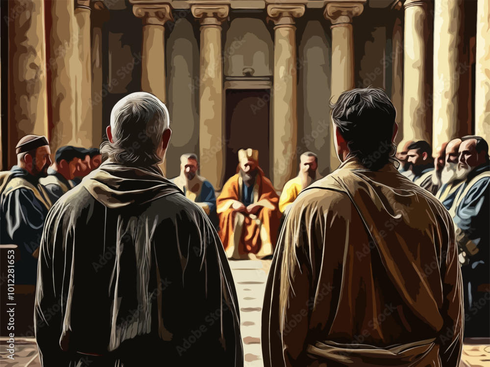 Naklejka premium Gospel Images from the Bible NT - Peter and John stand trial before the Sanhedrin defending miracle of healing lame man