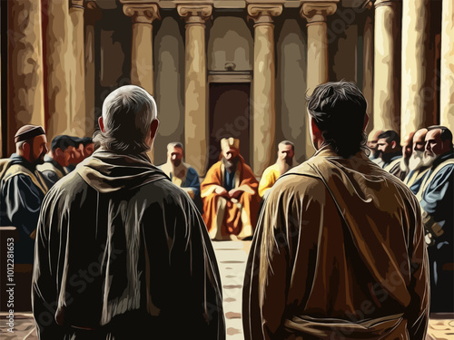 Gospel Images from the Bible NT - Peter and John stand trial before the Sanhedrin defending miracle of healing lame man