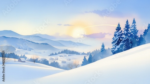 Christmas comet streaking across a snowy sky, lighting up the landscape below, watercolor