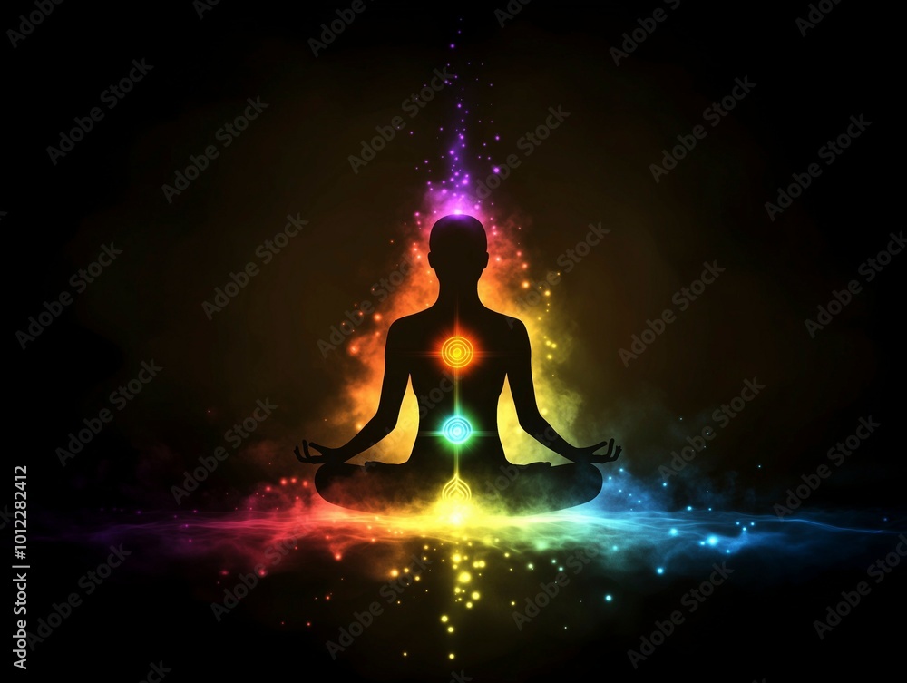Meditation and chakras. Silhouette of a body. Chakras are various focal points used in a variety of ancient meditation practices, Tantra, part of the traditions of Hinduism and Buddhism, ai generative Meditation and chakras. Silhouette of a body. Chakras are various focal points used in a variety of ancient meditation practices, Tantra, part of the traditions of Hinduism and Buddhism, ai generative