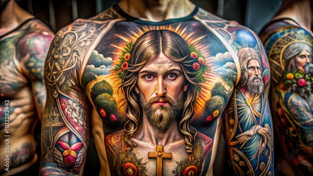 Fototapeta premium Intricate Christian Religion Tattoos Featuring Crosses, Scriptures, and Spiritual Symbols on Skin