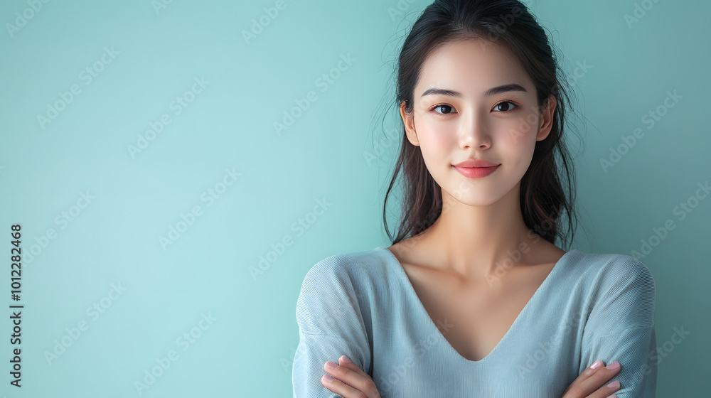 Young woman smiling confidently in front of a light blue wall, dressed casually in soft attire