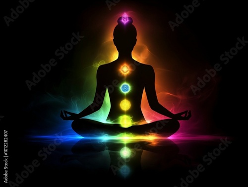 Meditation and chakras. Silhouette of a body. Chakras are various focal points used in a variety of ancient meditation practices, Tantra, part of the traditions of Hinduism and Buddhism, ai generative