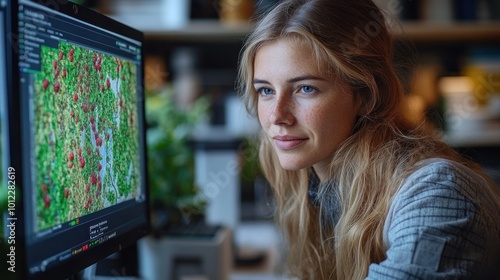 Free Download A young woman with blonde hair looks intently at a computer monitor, analyzing data on a map. She is sitting in a modern office with a plant in the background. - GFXLoad