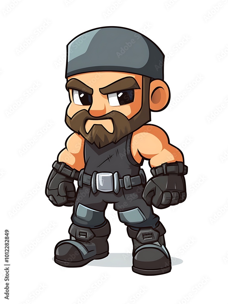 Naklejka premium Chibi Character Design, Serious, Strong, Tactical Fighter with Black Tank Top