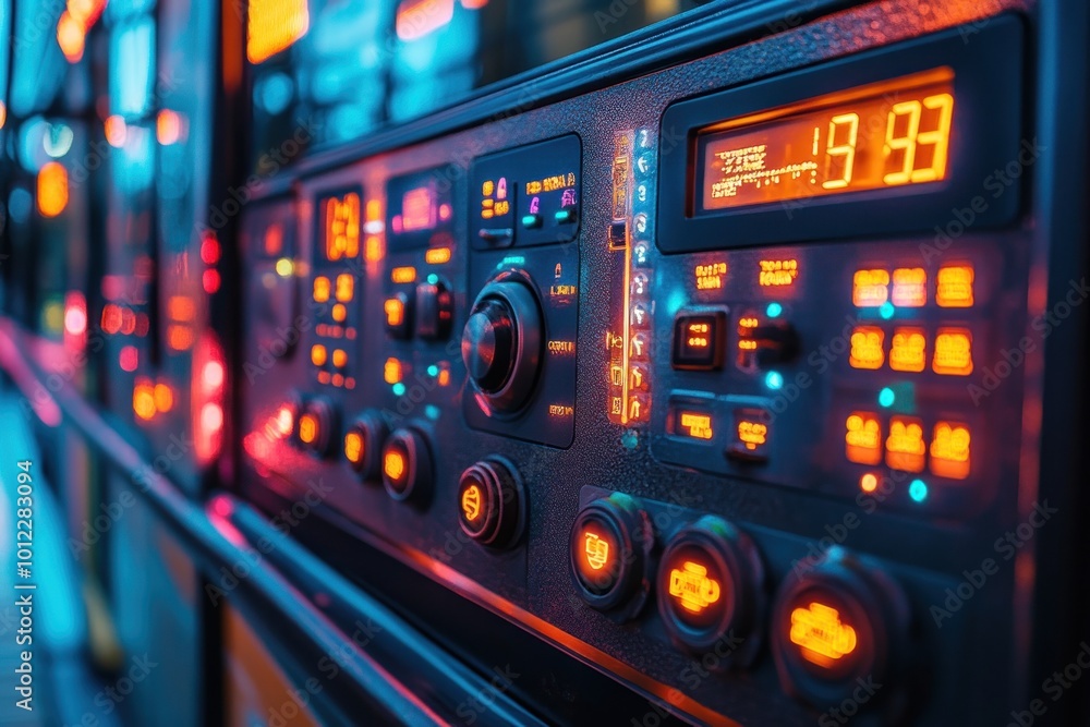 Naklejka premium Close-up of a vintage-style control panel with buttons and knobs, illuminated in neon blue and red.
