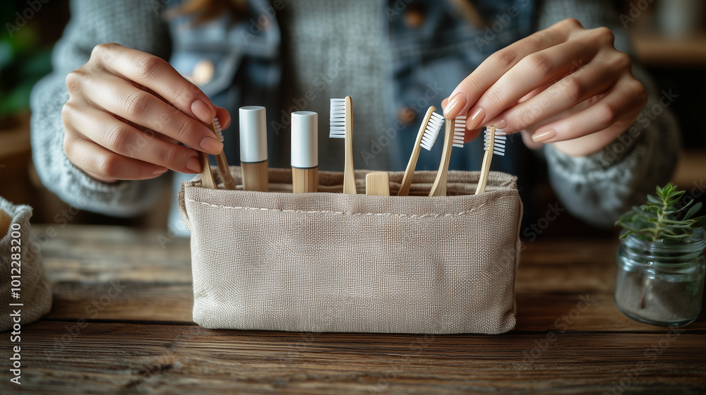a woman holding a sustainable and renewable kit of eco friendly toothbrushes to care for the environment