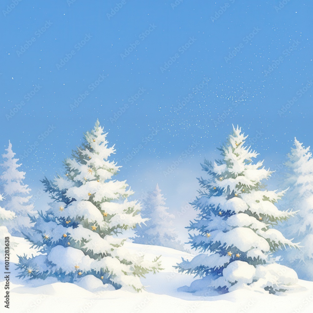Obraz premium Snow-covered pine trees with glowing ornaments, sparkling stars above, watercolor illustration
