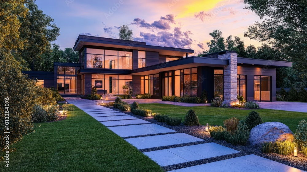 Contemporary home exterior with clean lines, lawn, and evening lights generative ai Contemporary home exterior with clean lines, lawn, and evening lights generative ai