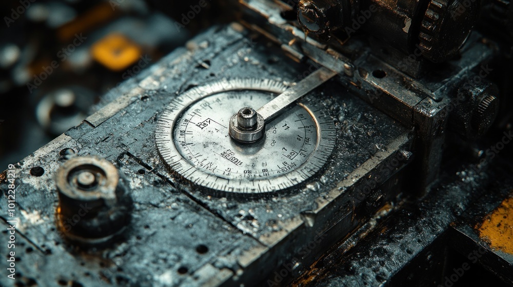 Close-up of a worn, industrial dial gauge with a metal arm, showcasing the intricate details and marks of time. Close-up of a worn, industrial dial gauge with a metal arm, showcasing the intricate details and marks of time.