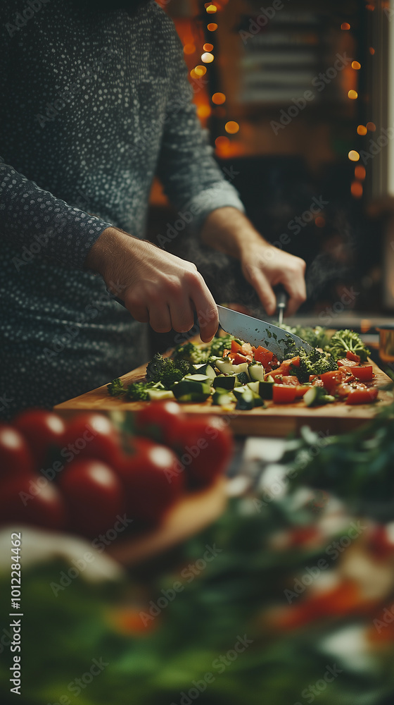 a man's hands cooking with healthy organic vegetables like tomatoes, lettuce, and bell peppers from an ecological garden for sustainable food