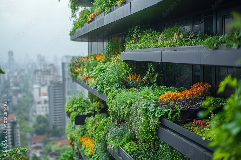 A modern high-rise building with a green wall, featuring lush greenery and flowers, against a backdrop of a city skyline. A modern high-rise building with a green wall, featuring lush greenery and flowers, against a backdrop of a city skyline.