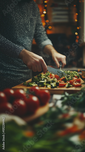 Obraz na płótnie a man's hands cooking with healthy organic vegetables like tomatoes, lettuce, and bell peppers from an ecological garden for sustainable food w salonie