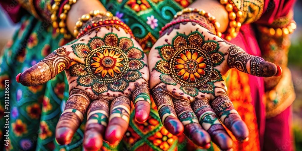 Naklejka premium Intricate Henna Flower Designs on Hands with Beautiful Patterns for Cultural and Artistic Celebrations