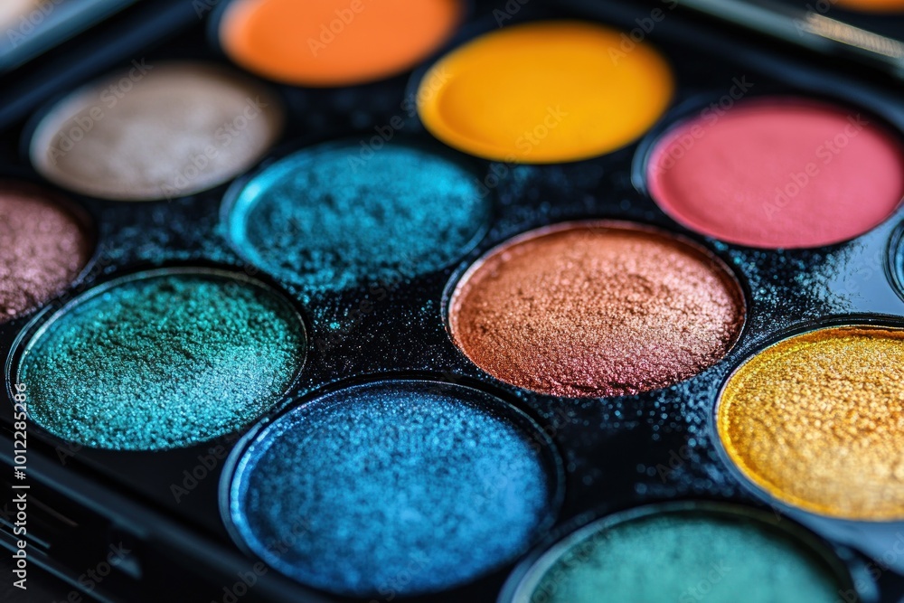 Close-up of a colorful eyeshadow palette with various shades of blue, green, orange, and red. Close-up of a colorful eyeshadow palette with various shades of blue, green, orange, and red.