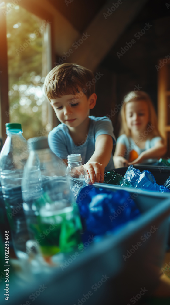children recycling plastic bottles with a focus on sustainable education for an eco-friendly ecosystem and renewable energy