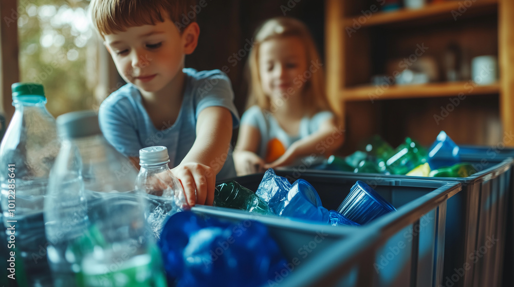 children recycling plastic bottles with a focus on sustainable education for an eco-friendly ecosystem and renewable energy