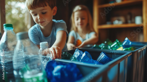 children recycling plastic bottles with a focus on sustainable education for an eco-friendly ecosystem and renewable energy
