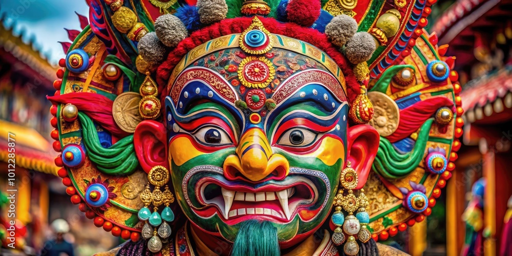 Obraz premium Intricately Designed Asian Mask Showcasing Traditional Artistry and Cultural Significance in Detail