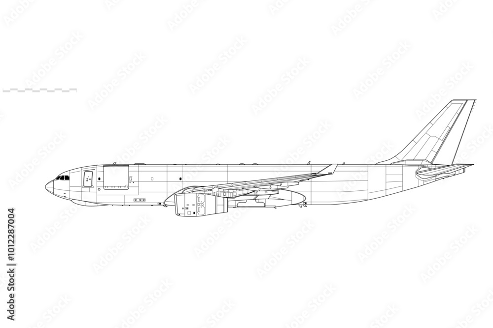 Airbus A330-200F Freighter. Vector drawing of wide-body cargo jet aircraft. Side view. Image for illustration and infographics. Airbus A330-200F Freighter. Vector drawing of wide-body cargo jet aircraft. Side view. Image for illustration and infographics.