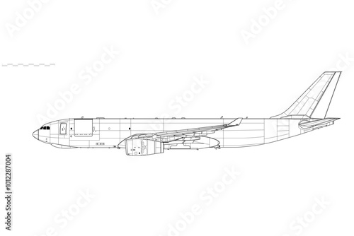 Airbus A330-200F Freighter. Vector drawing of wide-body cargo jet aircraft. Side view. Image for illustration and infographics.