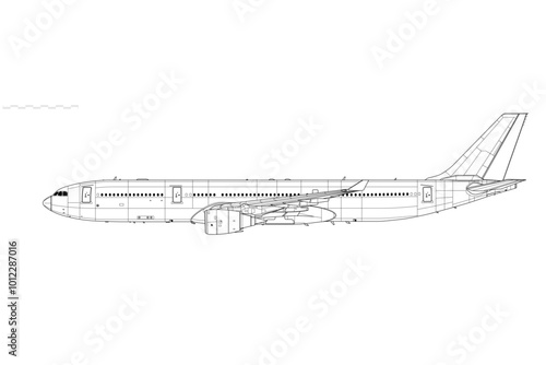 Airbus A330-300. Vector drawing of wide-body airliner. Side view. Image for illustration and infographics.